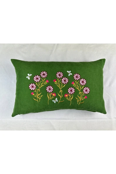 HHKARTS Yeşil Renk Çiçek Desenli Nakışlı Yastık Kılıfı 30x50 | Kırlent Kılıfı Fermuarlı - Resim 2