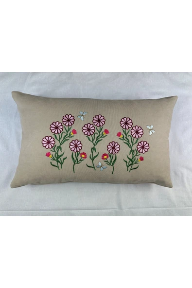 HHKARTS Krem Renk Çiçek Desenli Nakışlı Yastık Kılıfı 30X50 | Kırlent Kılıfı Fermuarlı - Resim 3