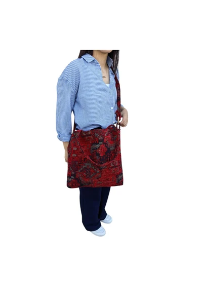 HHKARTS Kırmızı Etnik Kumaş Omuz Çantası - Resim 4