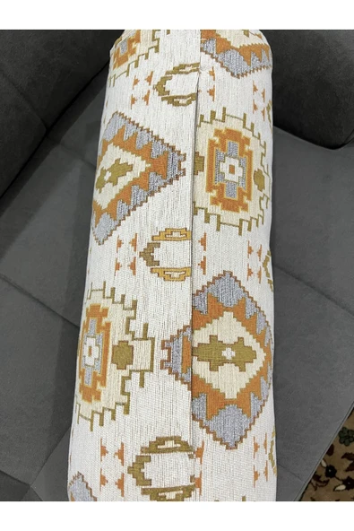 oushak Kilim Desenli Beyaz Dekoratif Silindir Şönil Dokuma Fermuarlı Etnik Bolster Yoga Yastık Kılıfı - Resim 3