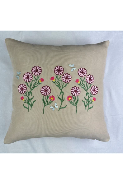 HHKARTS Krem Renk Çiçek Desenli Nakışlı Yastık Kılıfı 40X40 | Kırlent Kılıfı Fermuarlı - Resim 5