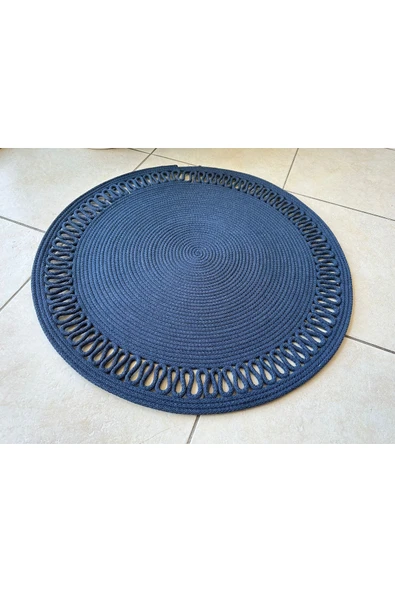 HHKARTS Jüt Kenarları Desenli Yuvarlak Banyo Paspası Lacivert - Resim 2