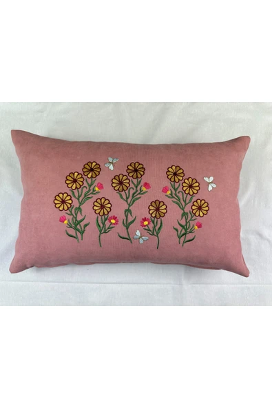 HHKARTS Pembe Renk Çiçek Desenli Nakışlı Yastık Kılıfı 30x50 | Kırlent Kılıfı Fermuarlı - Resim 2