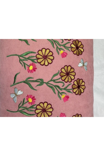 HHKARTS Pembe Renk Çiçek Desenli Nakışlı Yastık Kılıfı 30x50 | Kırlent Kılıfı Fermuarlı - Resim 4