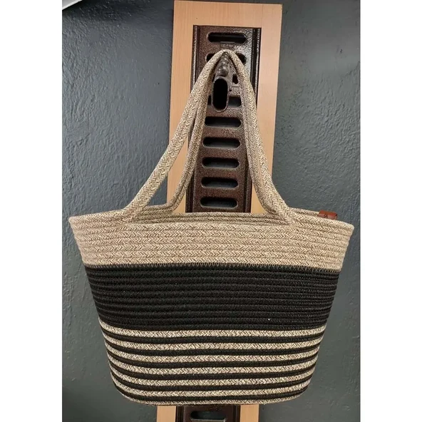 Doğal Hasır Jüt El Örmesi Günlük Kullanım ve Plaj İçin Uygun Bayan Çanta-Bej Siyah Çizgili v2
