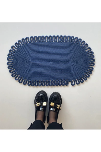 HHKARTS Jüt Kenarları Desenli Oval Paspas Lacivert ürün görseli