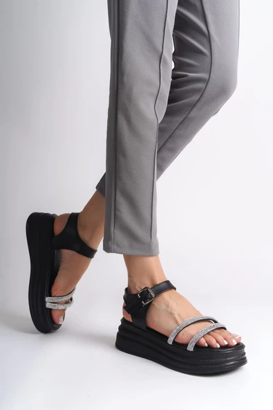 JET-ZLOHE Kalın Tokalı Taşlı Şeritli Ortopedik Taban Kadın Sandalet  CST - Siyah - Resim 2