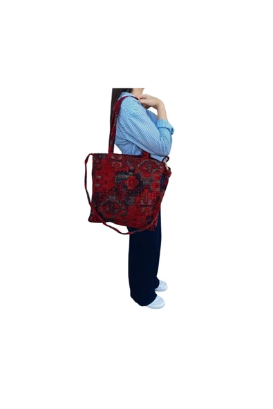 HHKARTS Kırmızı Etnik Kumaş Omuz Çantası - Resim 3