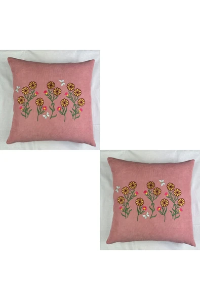 HHKARTS Çiçek Desenli Nakışlı Kırlent Kılıfı Fermuarlı 2'li 40x40 ürün görseli