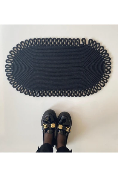 HHKARTS Jüt Kenarları Desenli Oval Paspas Siyah ürün görseli