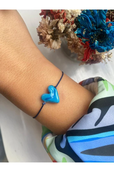 BAE ATOLYE Mavi Murano Cam Boncuklu Laacivert İp Kalp Bileklik ürün görseli