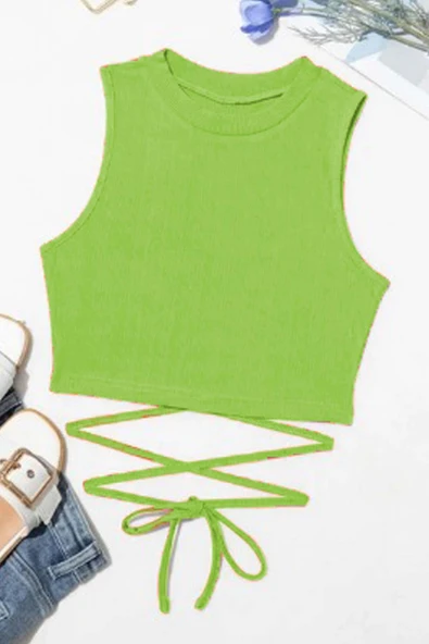 Kız Çocuk Sıfır Kol İp Bağlama Detaylı Somon Yeşil Crop ürün görseli