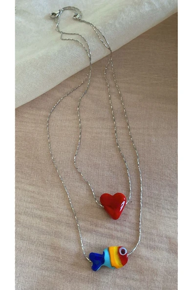 BAE ATOLYE İkili Kombin Kolye Murano Cam Balık ve Kalp Gümüş Zincir Kolye ürün görseli