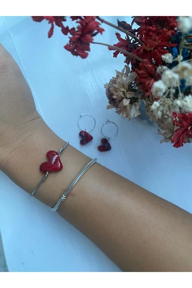 BAE ATOLYE Charm Kırmızı Kalp  Cam Murano Bileklik Kırmızı Ipli Asansör Bileklik ürün görseli