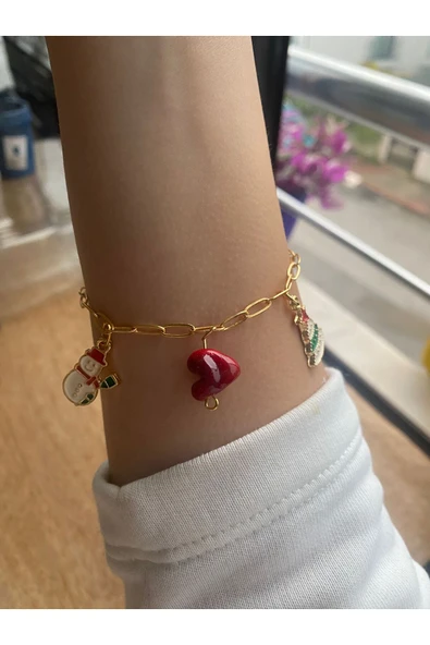 BAE ATOLYE Çam Ağacı Yılbaşı Altın Kaplama Zincir Charm Bileklik Kararmaz Altın Kaplama Noel Baba Kalp - Resim 3