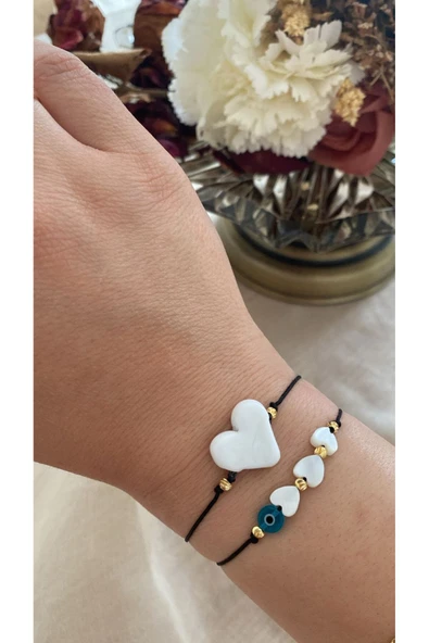 BAE ATOLYE İkili Ve Kalp Murano Cam Turkuaz Doğaltaş Boncuklu Anne Kız Bileklik - Resim 2