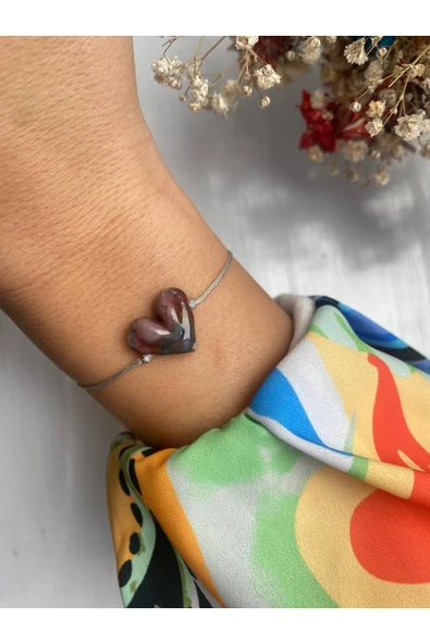 BAE ATOLYE Gri Murano Cam Boncuklu Gri İp Kalp Bileklik - Resim 2