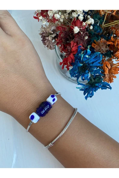 BAE ATOLYE Asansör Bileklik Mavi -hediyelik Bileklik-ip Bileklik-El yapımı Murano cam ürün görseli