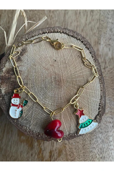 BAE ATOLYE Çam Ağacı Yılbaşı Altın Kaplama Zincir Charm Bileklik Kararmaz Altın Kaplama Noel Baba Kalp ürün görseli