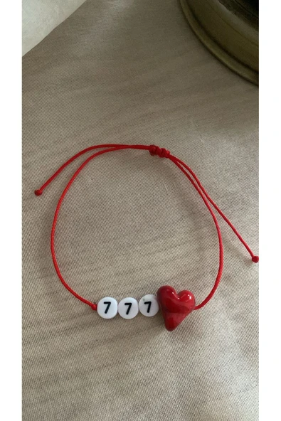 BAE ATOLYE Murano Cam Kırmızı Kalp Şans 777 Melek Sayısı Kırmızı Ip Bileklik - Resim 2