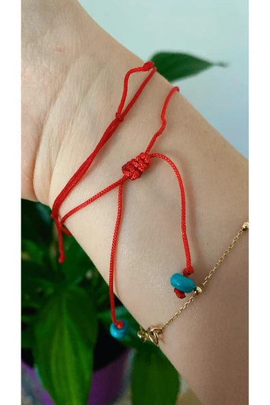BAE ATOLYE Doğal Turkuaz Boncuklu Kırmızı Ip Bileklik - Resim 2