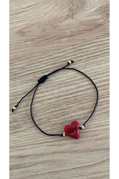 BAE ATOLYE Sevgililer Günü Hediyesi Kırmızı Kalp Siyah Bileklik Makrome Ip - Resim 2