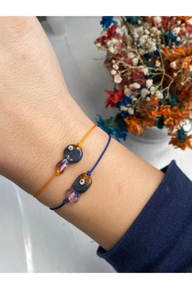 BAE ATOLYE Arkadaşlık Bilekliği ( 2 Adet ) İkili Balık Cam Murano Lacivert Turunclu İpli Bileklik ürün görseli