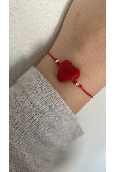 BAE ATOLYE Sevgililer Günü Kırmızı Murano Cam Kalp Kırmızı Makrome Ip Bileklik ürün görseli