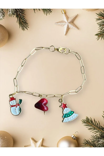 BAE ATOLYE Çam Ağacı Yılbaşı Altın Kaplama Zincir Charm Bileklik Kararmaz Altın Kaplama Noel Baba Kalp - Resim 2