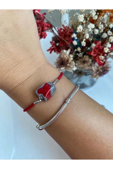 BAE ATOLYE Kırmızı Ip Bileklik Murano cam Asansör - hediyelik-El yapımı ürün görseli
