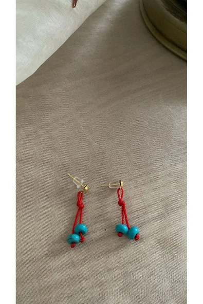 BAE ATOLYE Turkuaz Boncuklu Kırmızı Ip Küpe - Resim 2