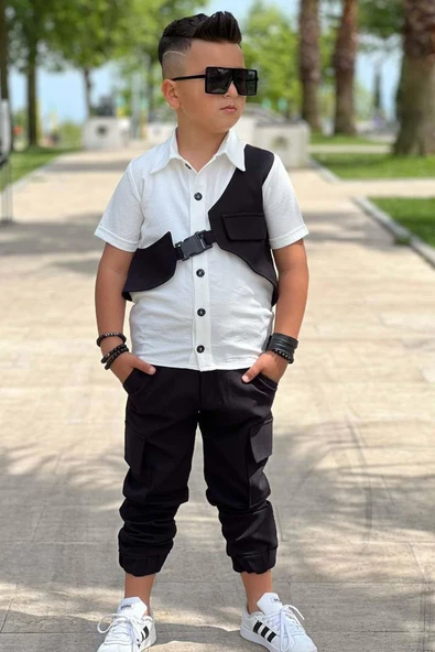 Erkek Çocuk Boydan Düğmeli Gömlek  ve Kargo Cepli Siyah Alt Üst Takım ürün görseli