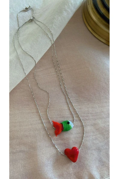 BAE ATOLYE İkili KombinMurano Cam Balık ve Kalp Gümüş Zincir Kolye ürün görseli