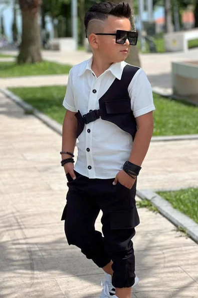 Erkek Çocuk Boydan Düğmeli Gömlek  ve Kargo Cepli Siyah Alt Üst Takım - Resim 2