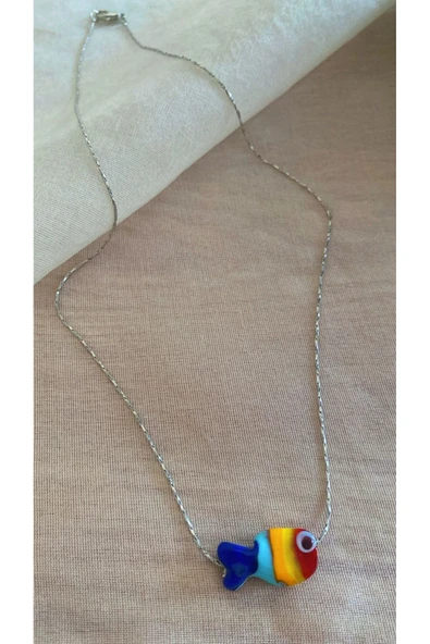 BAE ATOLYE İkili Kombin Kolye Murano Cam Balık ve Kalp Gümüş Zincir Kolye - Resim 2