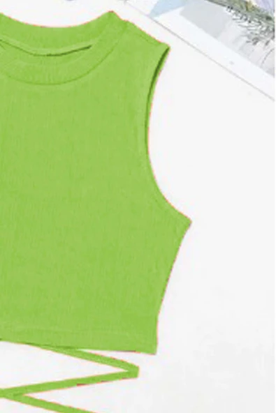 Kız Çocuk Sıfır Kol İp Bağlama Detaylı Somon Yeşil Crop - Resim 2