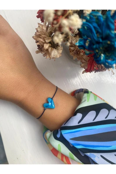 BAE ATOLYE Mavi Murano Cam Boncuklu Laacivert İp Kalp Bileklik - Resim 3