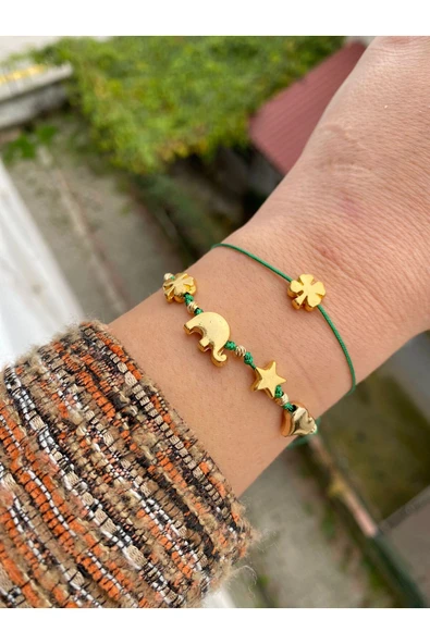 BAE ATOLYE Yeşil Fil Yılbaşı Yıldız Kalp Yonca Şans Bilekliği - Yonca Ip Bileklik Hediyeli Kombin - Resim 2