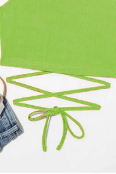 Kız Çocuk Sıfır Kol İp Bağlama Detaylı Somon Yeşil Crop - Resim 3