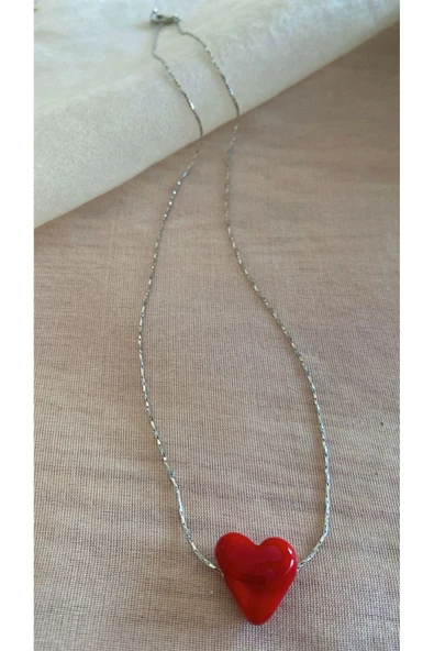 BAE ATOLYE Murano Kırmızı Cam Kalp Gümüş Zincir Kolye - Resim 2