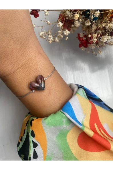 BAE ATOLYE Gri Murano Cam Boncuklu Gri İp Kalp Bileklik ürün görseli