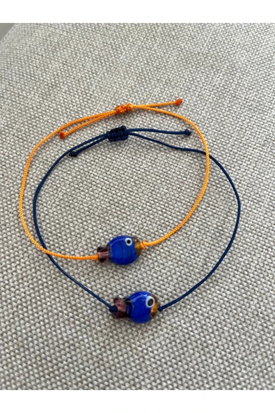 BAE ATOLYE Arkadaşlık Bilekliği ( 2 Adet ) İkili Balık Cam Murano Lacivert Turunclu İpli Bileklik - Resim 2