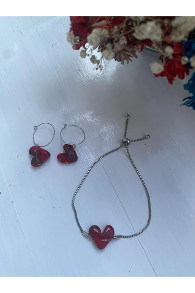 BAE ATOLYE Charm Kırmızı Kalp  Cam Murano Bileklik Kırmızı Ipli Asansör Bileklik - Resim 3