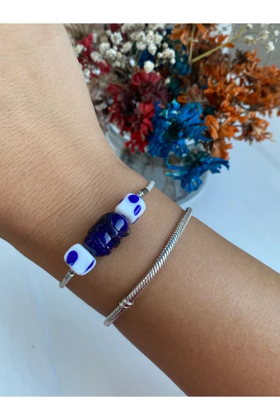 BAE ATOLYE Asansör Bileklik Mavi -hediyelik Bileklik-ip Bileklik-El yapımı Murano cam - Resim 3