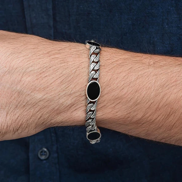 Siyah Oniks Taşlı Gurmet 925 Ayar Gümüş Erkek Bileklik - Resim 3