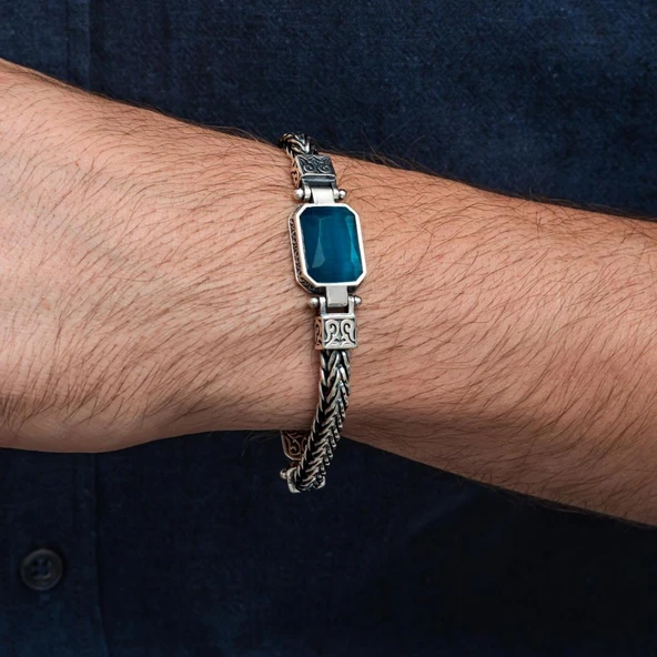 Mavi Taşlı 925 Ayar Gümüş Erkek Bileklik - Resim 4