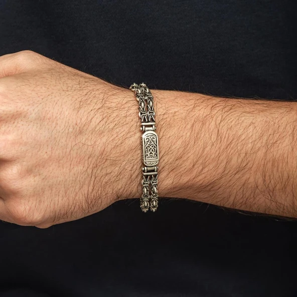 Çift Kral Zincir Desenli 925 Ayar Gümüş Erkek Bileklik - Resim 4
