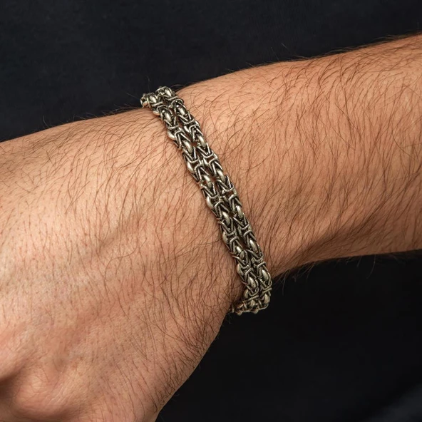 Çift Kral Zincir Desenli 925 Ayar Gümüş Erkek Bileklik - Resim 2