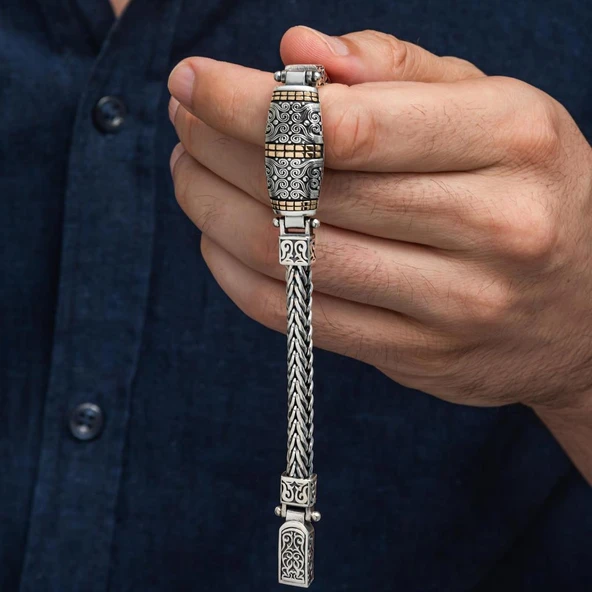 Yeni Tasarım Elişi 925 Ayar Gümüş Erkek Bileklik - 7