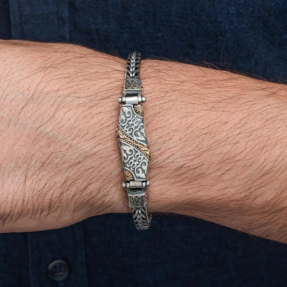 Yeni Tasarım Elişi 925 Ayar Gümüş Erkek Bileklik - Resim 7